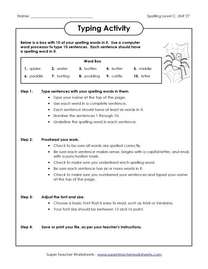 Worksheets - Typing Sentences (C-27)  (Printable PDF Worksheet)