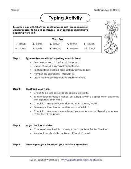 Worksheets - Typing Sentences (C-8)  (Printable PDF Worksheet)