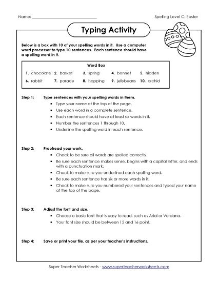 Worksheets - Typing Sentences (C-Easter)  (Printable PDF Worksheet)