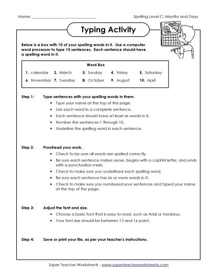 Worksheets and Activities - Typing Sentences (C-Months and Days)  (Printable PDF Worksheet)