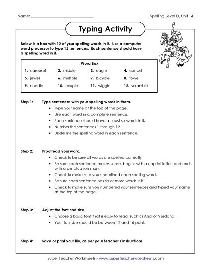 Worksheets - Typing Sentences (D-14) (Printable PDF Worksheet)