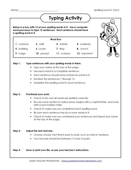 Worksheets - Typing Sentences (D-2) (Printable PDF Worksheet)
