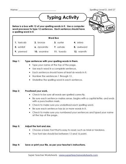 Worksheets - Typing Sentences (D-27) (Printable PDF Worksheet)