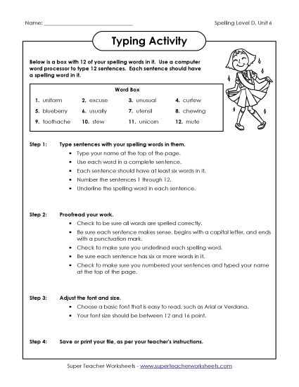 Worksheets - Typing Sentences (D-6) (Printable PDF Worksheet)