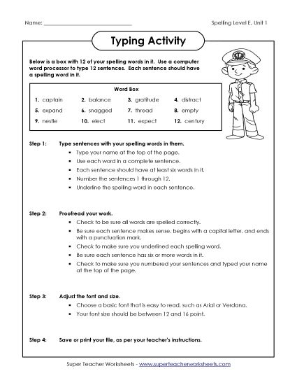 Worksheets and Puzzles - Typing Sentences (E-1) (Printable PDF Worksheet)
