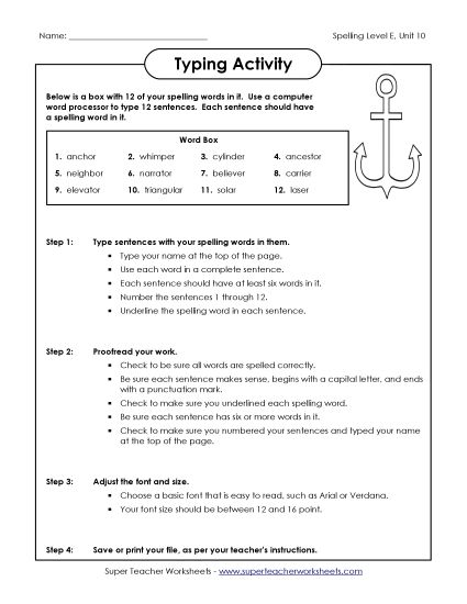 Printable Worksheets - Typing Sentences (E-10) (Printable PDF Worksheet)