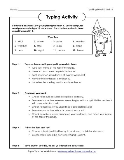 Printable Worksheets - Typing Sentences (E-16) (Printable PDF Worksheet)