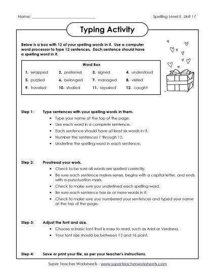 Printable Worksheets - Typing Sentences (E-17) (Printable PDF Worksheet)