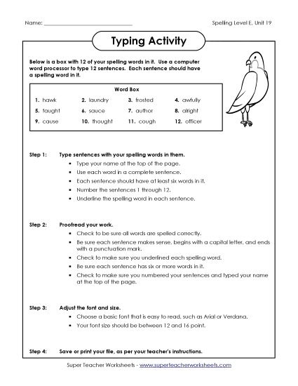 Printable Worksheets - Typing Sentences (E-19) (Printable PDF Worksheet)