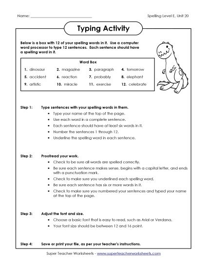 Printable Worksheets - Typing Sentences (E-20) (Printable PDF Worksheet)