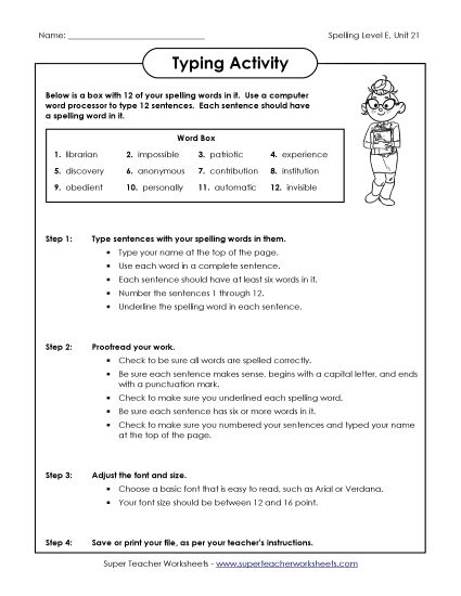 Printable Worksheets - Typing Sentences (E-21) (Printable PDF Worksheet)