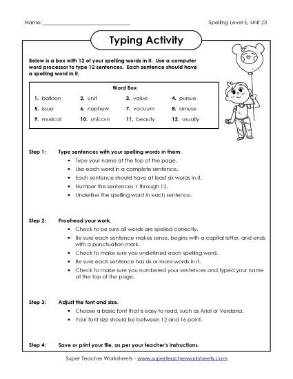 Printable Worksheets - Typing Sentences (E-23) (Printable PDF Worksheet)