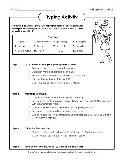 Printable Worksheets - Typing Sentences (E-26) (Printable PDF Worksheet)