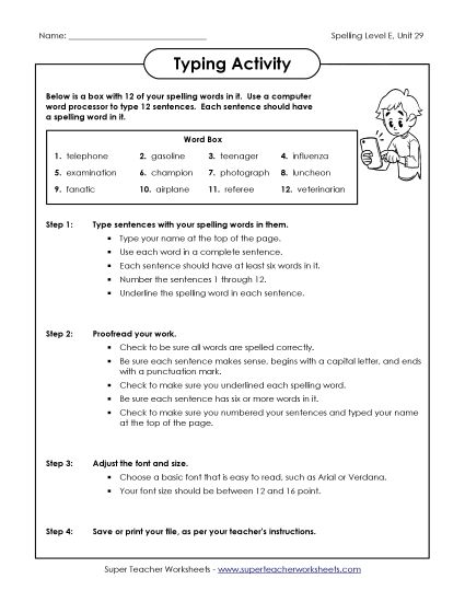 Printable Worksheets - Typing Sentences (E-29) (Printable PDF Worksheet)