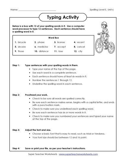 Printable Worksheets - Typing Sentences (E-6) (Printable PDF Worksheet)