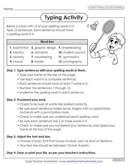 Worksheets and Puzzles - Typing Sentences (Extracurriculars) (Printable PDF Worksheet)