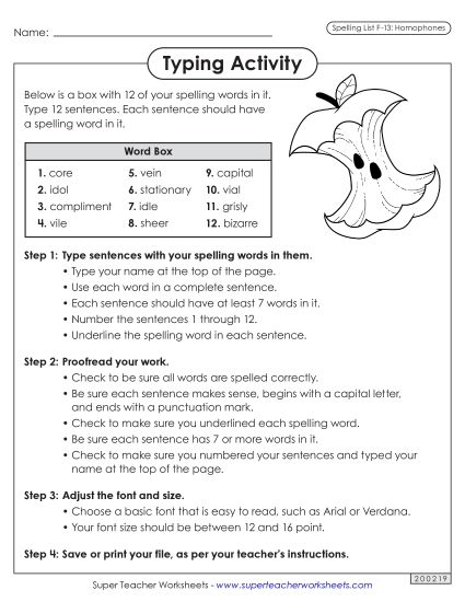 Worksheets and Puzzles - Typing Sentences (F-13) (Printable PDF Worksheet)