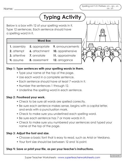 Worksheets and Puzzles - Typing Sentences (F-21) (Printable PDF Worksheet)