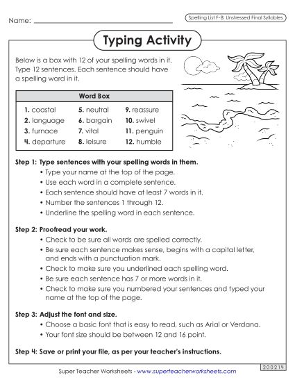 Worksheets and Puzzles - Typing Sentences (F-8) (Printable PDF Worksheet)