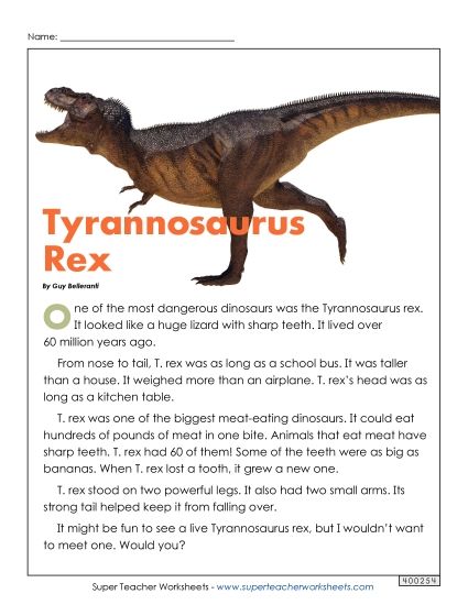 Reading Comprehension - Tyrannosaurus Rex Article (Printable PDF Worksheet)