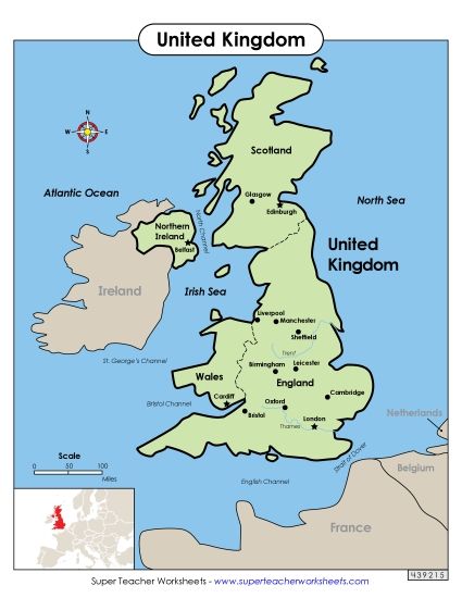 United Kingdom Maps - UK Map with Key Locations (Printable PDF Worksheet)