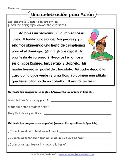 Short Passages (Level: Basic) - Una celebración para Aarón (Printable PDF Worksheet)