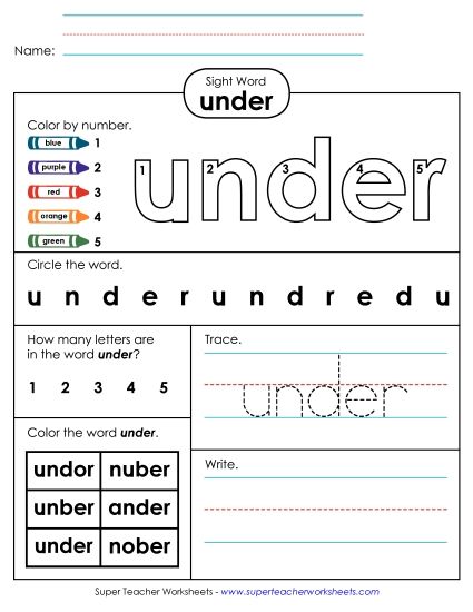 Individual Sight Words - Under (Sight Word) (Printable PDF Worksheet)