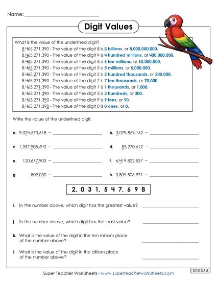 Place Value - Underlined Digit (10 Digits) (Printable PDF Worksheet)