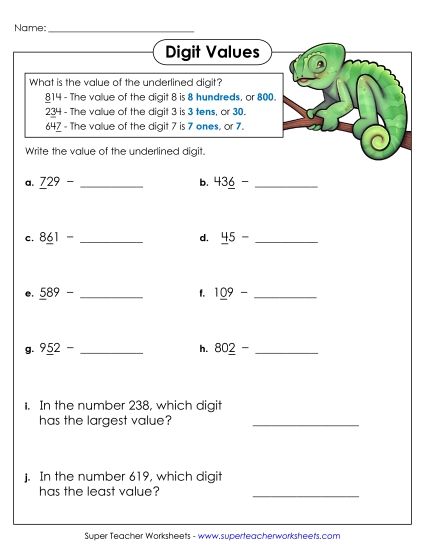 Place Value - Underlined Digit (3-Digit) (Printable PDF Worksheet)