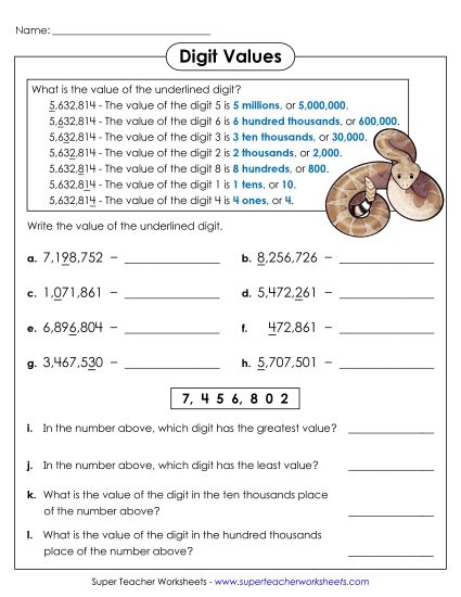 Place Value - Underlined Digit (7-Digit) (Printable PDF Worksheet)