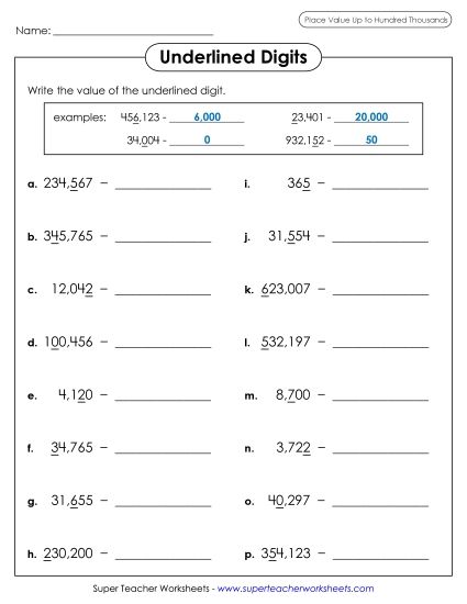 Place Value - Underlined Digit (Printable PDF Worksheet)