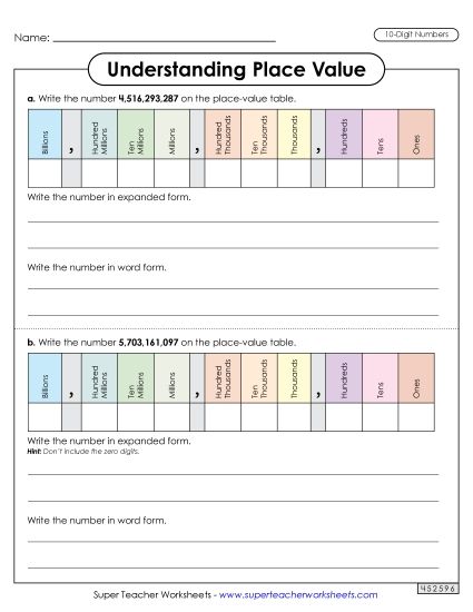 Place Value - Understanding Place Value (10 Digits) (Printable PDF Worksheet)