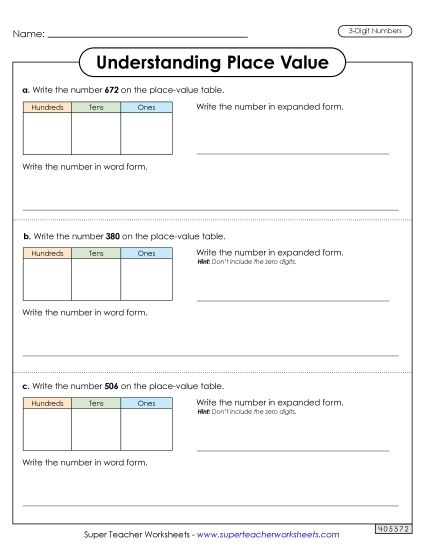 Place Value - Understanding Place Value (3 Digits) (Printable PDF Worksheet)