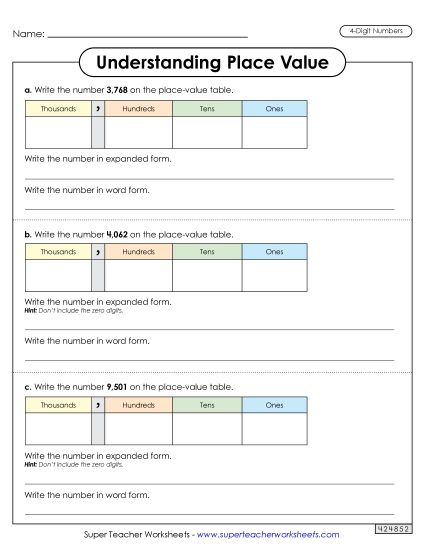 Place Value - Understanding Place Value (4 Digits) Worksheet 1 (Printable PDF Worksheet)