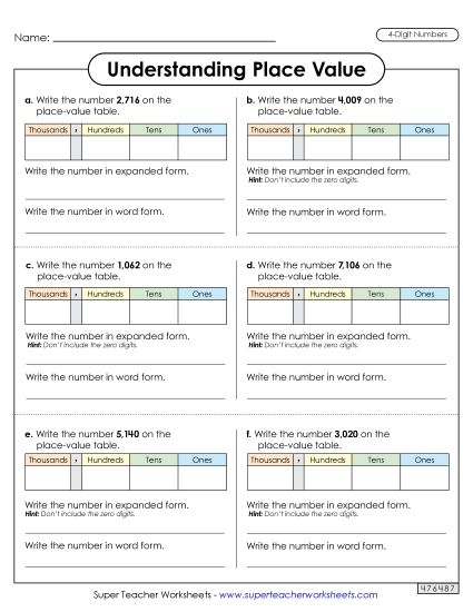 Place Value - Understanding Place Value (4 Digits) Worksheet 2 (Printable PDF Worksheet)