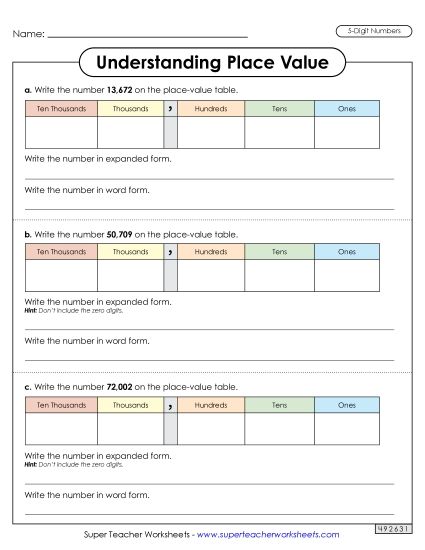 Place Value - Understanding Place Value (5 Digits) Worksheet 1 (Printable PDF Worksheet)