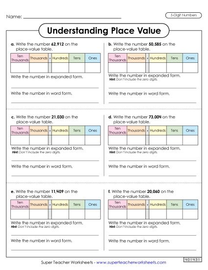 Place Value - Understanding Place Value (5 Digits) Worksheet 2 (Printable PDF Worksheet)