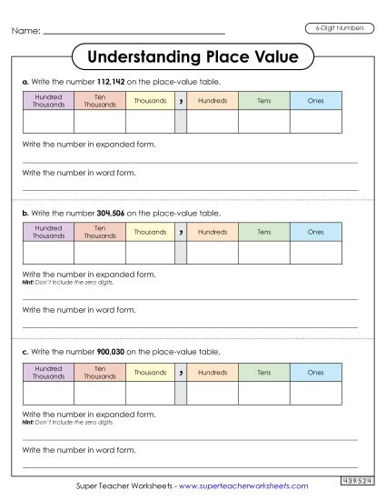 Place Value - Understanding Place Value (6 Digits) (Printable PDF Worksheet)