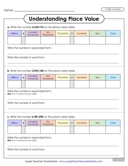 Place Value - Understanding Place Value (7 Digits) (Printable PDF Worksheet)