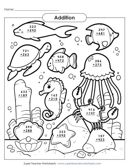Addition (3-Digit Addends) - Underwater Animals Addition Picture (3-Digit Addends) (Printable PDF Worksheet)