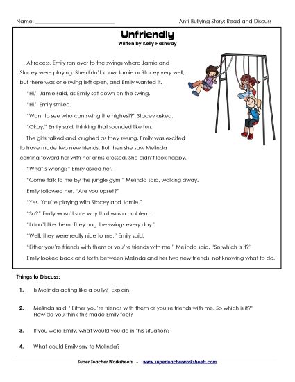 Read & Discuss Stories - Unfriendly (Printable PDF Worksheet)