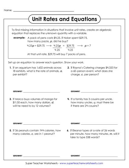Unit Rates as Equations - Unit Rates and Equations (Printable PDF Worksheet)