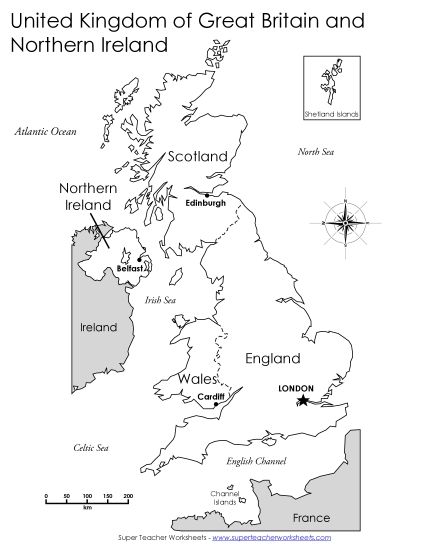 United Kingdom Maps - United Kingdom - Capital Cities Map (Printable PDF Worksheet)