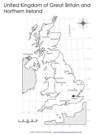 Maps of United Kingdom - United Kingdom - Latitude & Longitude (Printable PDF Worksheet)