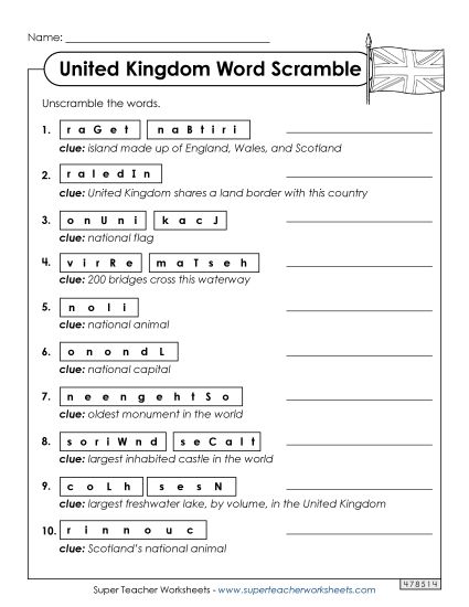 Puzzles - United Kingdom Word Scramble (Printable PDF Worksheet)