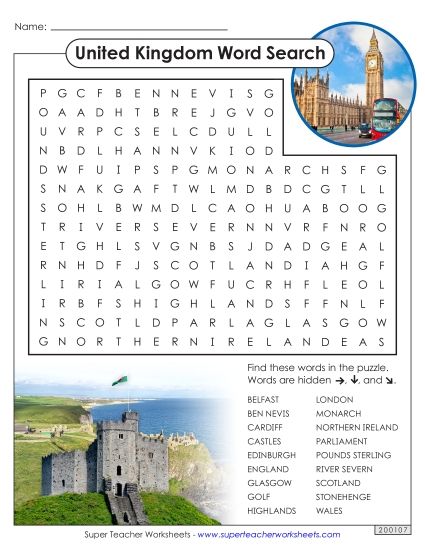 Puzzles - United Kingdom Word Search (Printable PDF Worksheet)