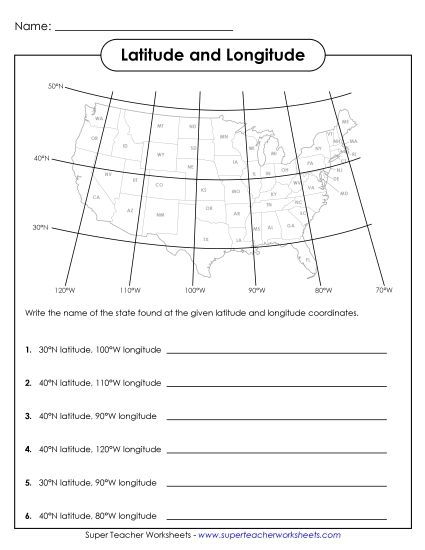 U.S.A. Maps - United States Latitude and Longitude 3 (Easiest) (Printable PDF Worksheet)