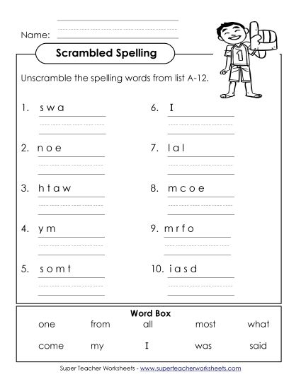 Worksheets - Unscramble (A-12) (Printable PDF Worksheet)