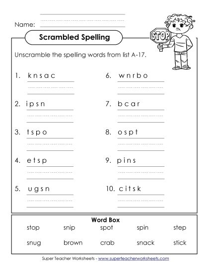 Worksheets - Unscramble (A-17) (Printable PDF Worksheet)