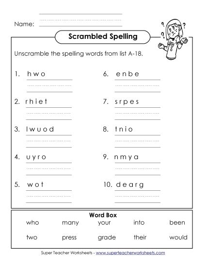 Worksheets - Unscramble (A-18) (Printable PDF Worksheet)
